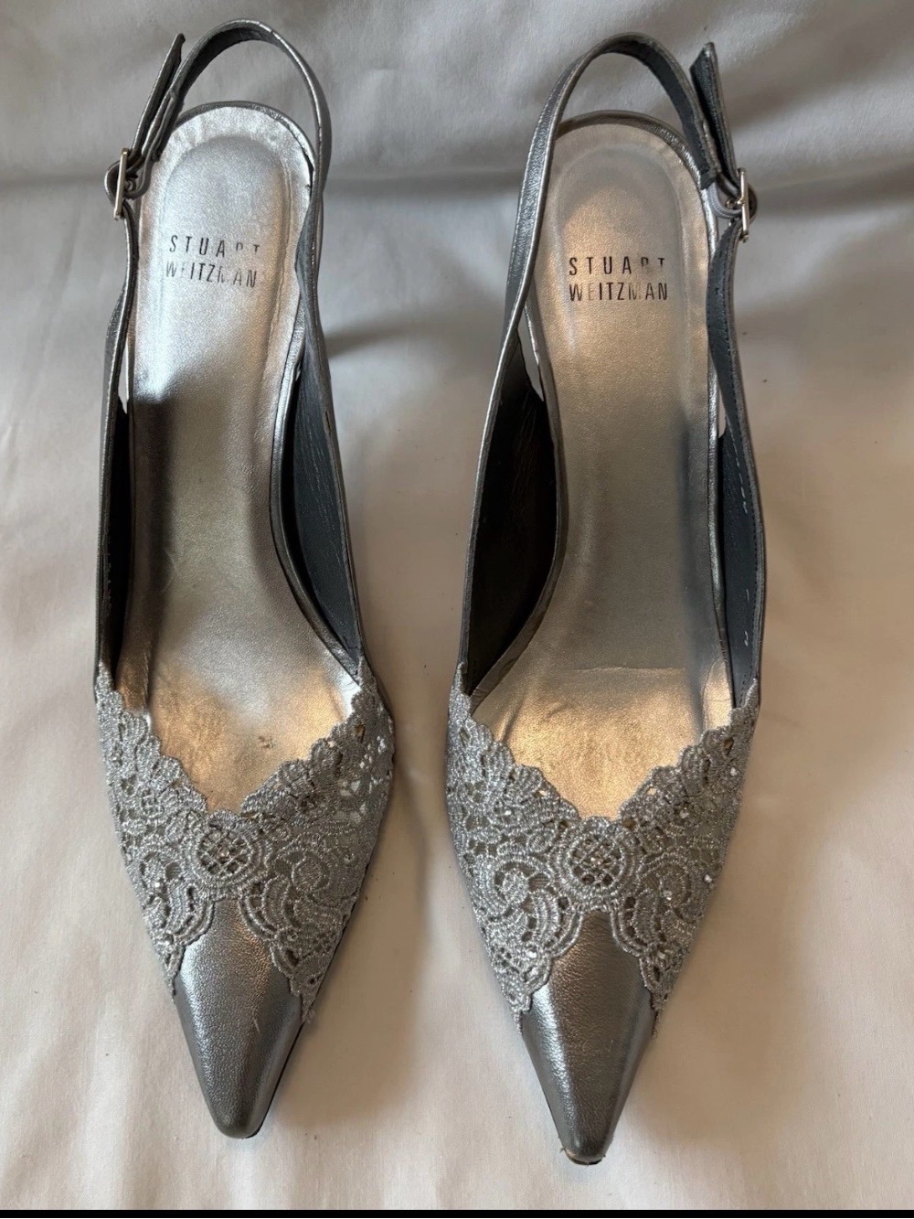 Stuart Weitzman Silver Slingback Stiletto Heels Pointed Toe Lace Beaded Size 7 i